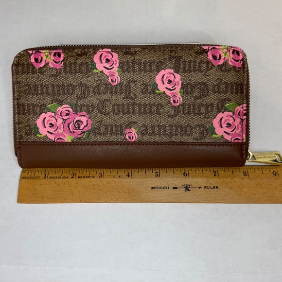 🌷Juicy Couture Zip Around Wallet/Cardholder/Pink Floral/Crown/Brown - Picture 3 of 16
